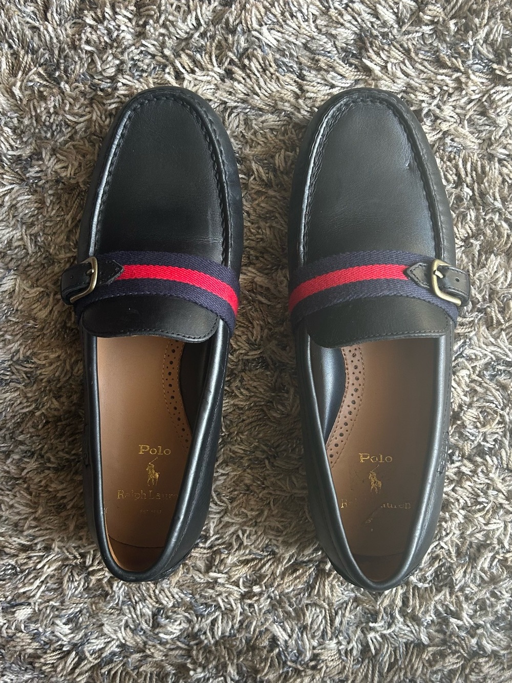 Polo by Ralph Lauren Black Leather Loafers with Red & Navy Webbing